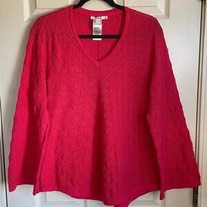 Chico’s Open Knit Sweater Sz L V-Neck Flare Sleeves Cotton Cashmere Blend Coral